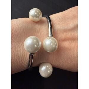 Luxury styled hinged cuff bracelet multiple faux pearls on silver-tone bands